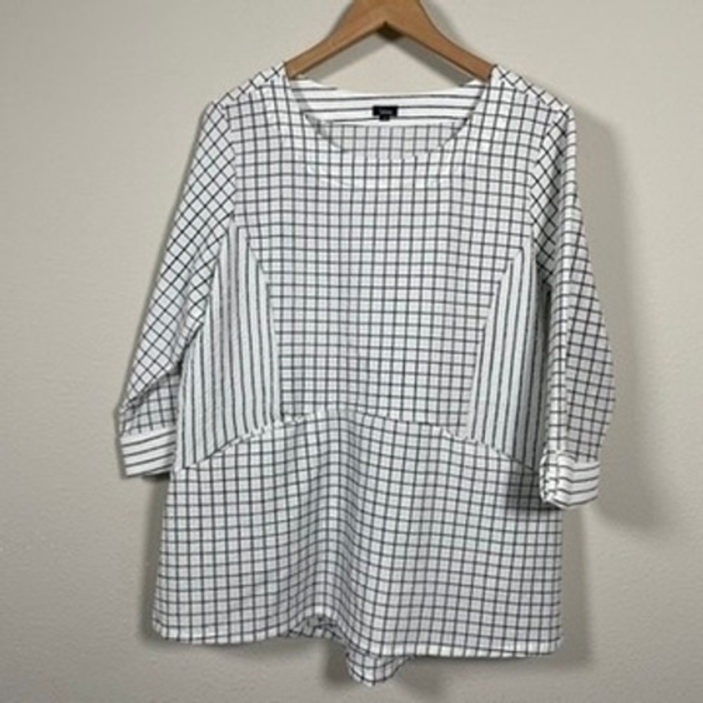 Shana Tunic Top Womens L White Black Grid Stripe 3/4 Sleeve Lagenlook Resort‎